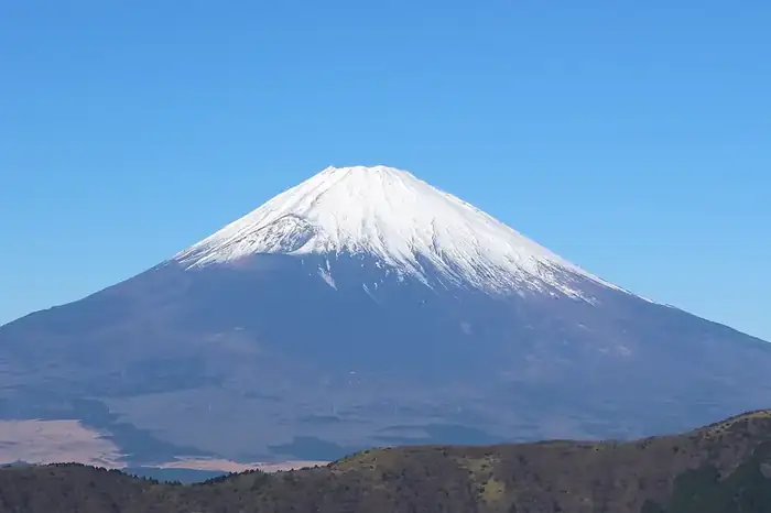 Snow-capped Mount Fuji viewed from Ōwakudani